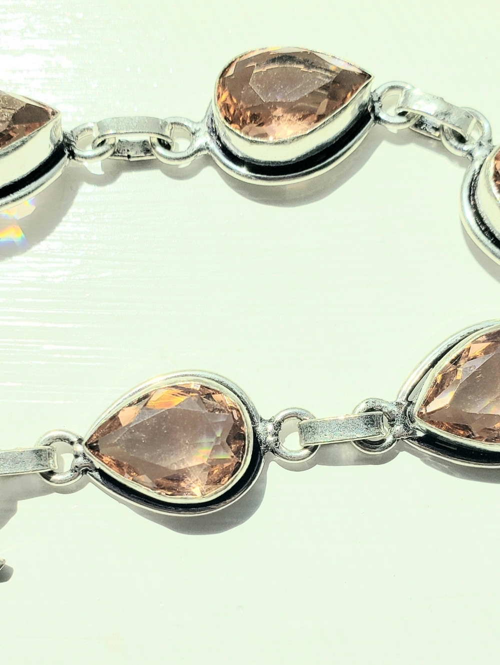 NEW, Peach Morganite Bracelet, Silver & Faceted Teardrop Stones, 8" Artisan Made - Picture 2 of 7